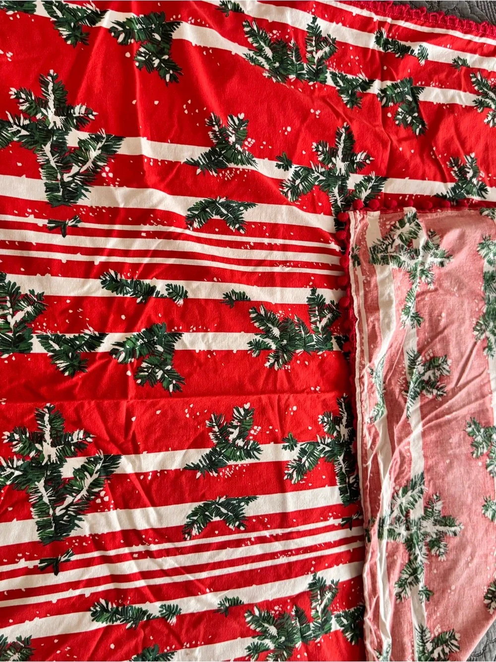 Vintage Christmas Tablecloth 65x50 Red White Pine Branches Pom Pom Trim Holiday